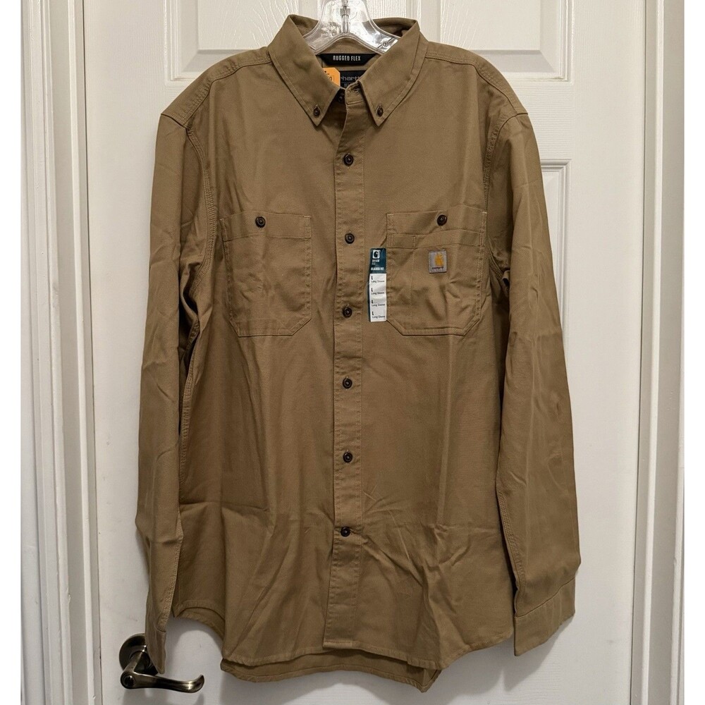 CARHARTT Men’s Rugged Flex Relaxed Fit Midweight Canvas LS Shirt Khaki Sz L NWT
